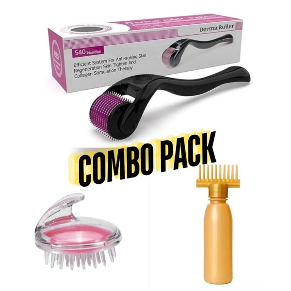 Combo Pack Derma Roller + Hair Oil Applicator Bottle + Hair Scalp Massager | Pack Of 3 Deal