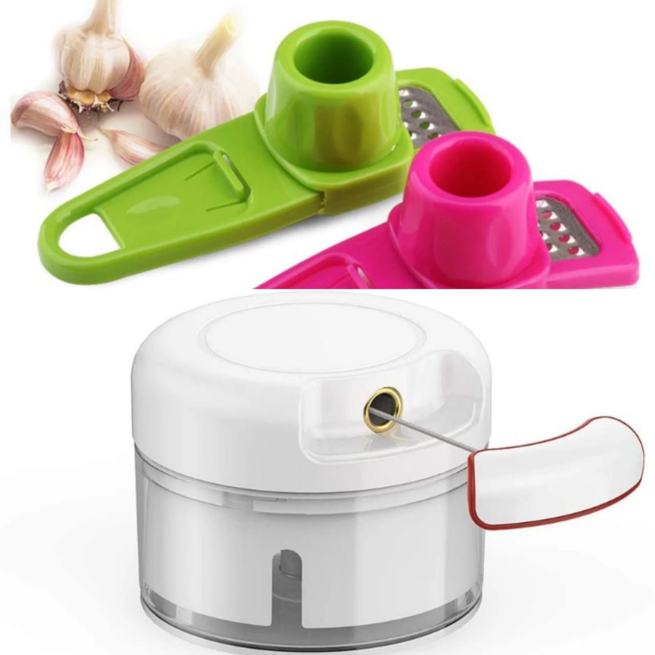 2-in-1 Kitchen Gadget Combo: Garlic Press Tool + Mini Chopper Grinder Crusher – Pack of 2 for Easy Food Prep